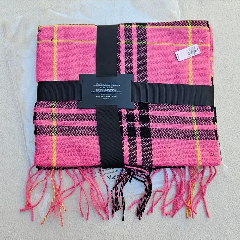 Victoria's Secret Pink Black and Yellow Plaid Fringe Scarf